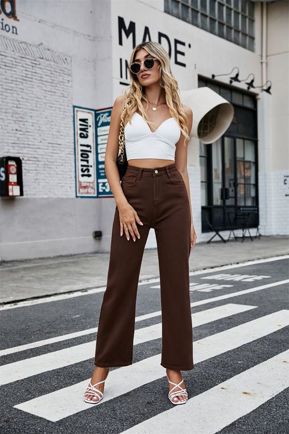 White Crop Top with Brown Pants